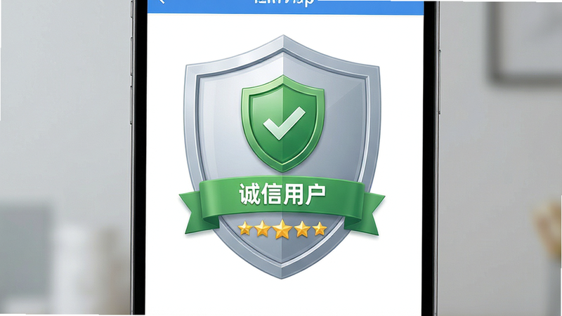 主体为APP内的信用评分界面,显示绿色盾牌图标和“诚信用户”标签,布局居中,风格盾牌徽章设计,细节包含星级评分,画质清晰,干净,无多余元素