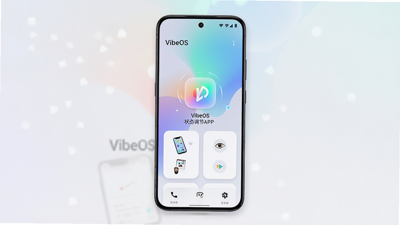 ����ΪVibeOS״̬����APP���ֻ�����չʾ�����ֲ��ü��Ŀ�Ƭʽ��ƣ��Ű����������Ϊ�ִ��������壬ϸ�ڰ�����͵Ľ��䱳���붯̬״̬ͼ�꣬���ʸ��壬�ɾ����޶���Ԫ�أ���������