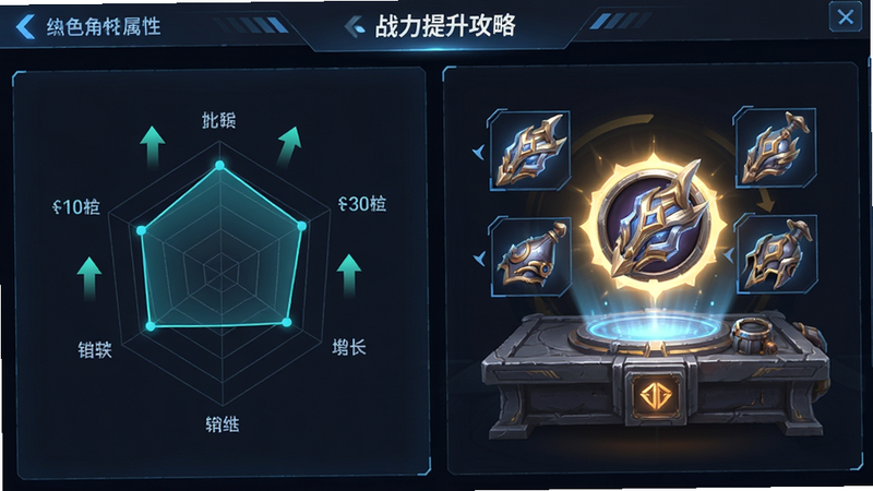 主体为角色属性界面与装备锻造台,左侧显示角色六维雷达图,右侧展示发光的高级装备,布局为左右分栏,排版工整,风格为科技感UI,细节展示数值增长箭头,画质精细,干净,无多余元素,文字显示