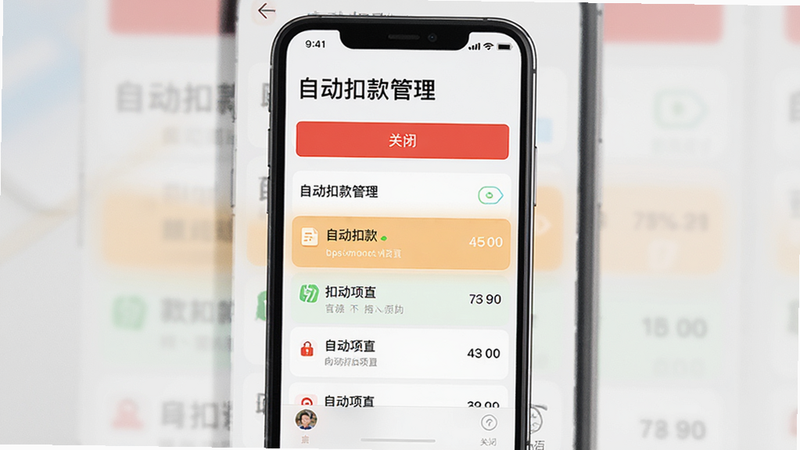 主体为手机支付管理界面,显示自动扣款列表,布局垂直排列,排版清晰,风格简洁UI,细节包含红色的“关闭”按钮和高亮的扣款项目,画质高清,干净,文字显示