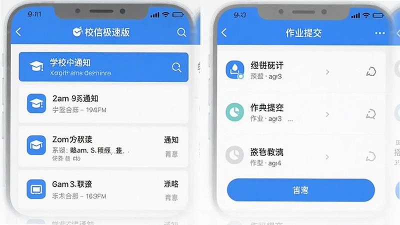 主体为校信极速版App界面,布局采用左右分屏,左侧显示学校通知列表,右侧显示作业提交状态,风格为扁平化极简设计,细节包含蓝色主题色、清晰的图标、无多余装饰元素,画质高清,干净无水印