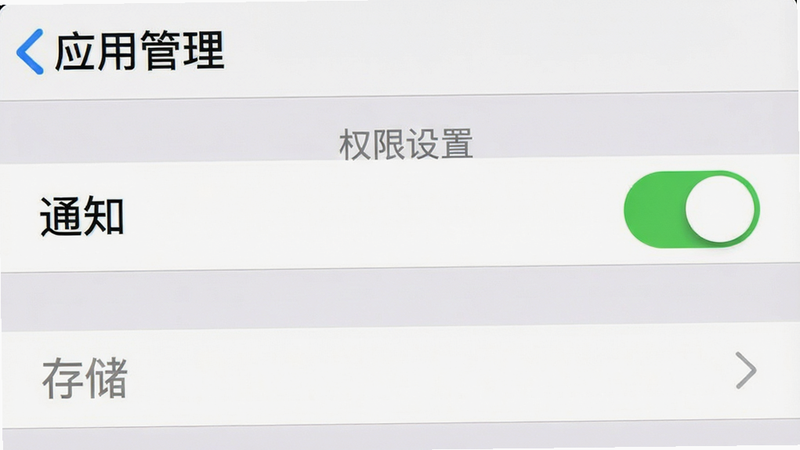 主体为手机设置界面的截图,布局显示“应用管理”和“权限设置”选项,风格真实UI设计,细节包含高亮的“通知”开关、灰色的“存储”选项、无广告干扰,画质清晰,干净