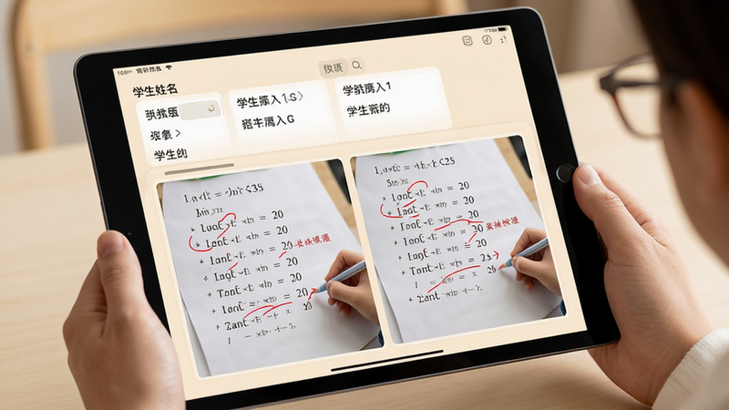 主体为平板电脑上的作业批改界面,布局上方显示学生姓名列表,下方展示具体的数学作业图片及红色批改标记,风格温馨教育风,细节包含清晰的字体、柔和的米色背景、无干扰弹窗,画质高保真,干净