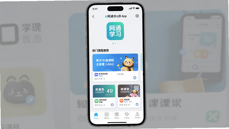 主体为一个智能手机屏幕,居中显示“e网通学习”APP启动界面,布局采用扁平化设计,顶部为品牌Logo,中部为热门课程推荐卡片,底部为导航栏,风格现代简约,细节处体现高清图标质感,画质4k,干净,无多余元素