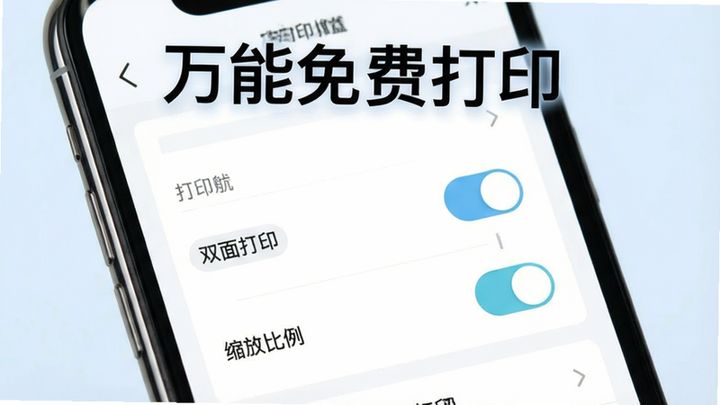主体为手机界面操作演示,布局展示打印设置面板,排版清晰分区,风格简约商务,细节处显示“双面打印”、“缩放比例”等选项开关,画质细腻,干净,无多余元素,背景为淡蓝色,文字“万能免费打印”悬浮于上方
