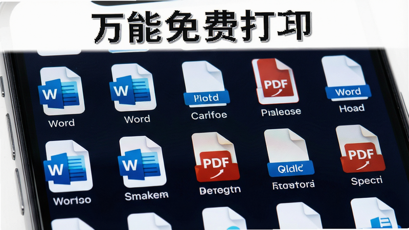 主体为手机屏幕特写,布局展示多种文件格式图标矩阵,排版整齐有序,风格科技感,细节处显示文件类型名称如“Word”、“PDF”,画质清晰,干净,无多余元素,背景为白色,文字“万能免费打印”位于顶部