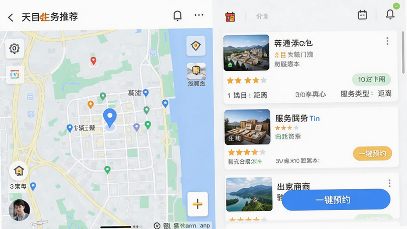 չʾ��Ŀe����APP�ܱ߷����Ƽ�ҳ�棬����Ϊ��ͼ����������б���ϣ��������Ϊ��ͼ��λ�㣬�Ҳ�Ϊ�����̼ҿ�Ƭ�������֡����롢�������ͣ����Ű�������򣬷������ʵ�ã�ϸ�ڴ���ʾ��һ��ԤԼ����ť�����廭�ʣ�������࣬�޸���Ԫ�أ����ֱ�ע׼ȷ