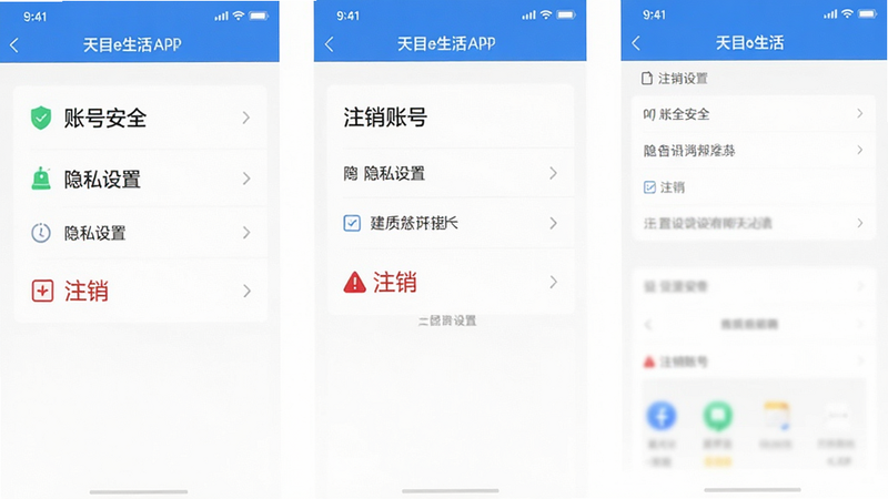 չʾ��Ŀe����APP���˺�������ע�����̽��棬����Ϊ�����б�ҳ�������������У��������˺Ű�ȫ��������˽���á�����ע���˺š���ѡ��Ű��������������רҵ��ϸ�ڴ��к�ɫ�ġ�ע������ʾͼ�꣬���廭�ʣ��������࣬�޶���װ�Σ����������ɶ�