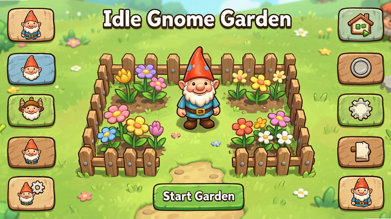 主体为Idle Gnome Garden游戏主界面全景,布局呈现中央花园与四周功能按钮,排版简洁对称,风格为清新卡通手绘风,细节包含微笑的地精、盛开的花朵与木质围栏,画质4K高清,干净无多余元素,文字包含