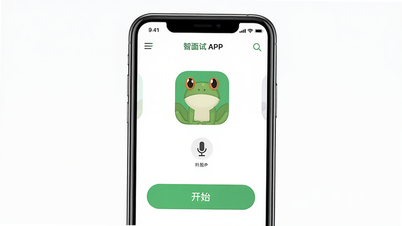 主体为智蛙面试APP的手机界面截图,布局居中,排版整洁,风格为现代扁平化UI设计,细节包含麦克风图标和开始按钮,画质高清,干净,无多余元素