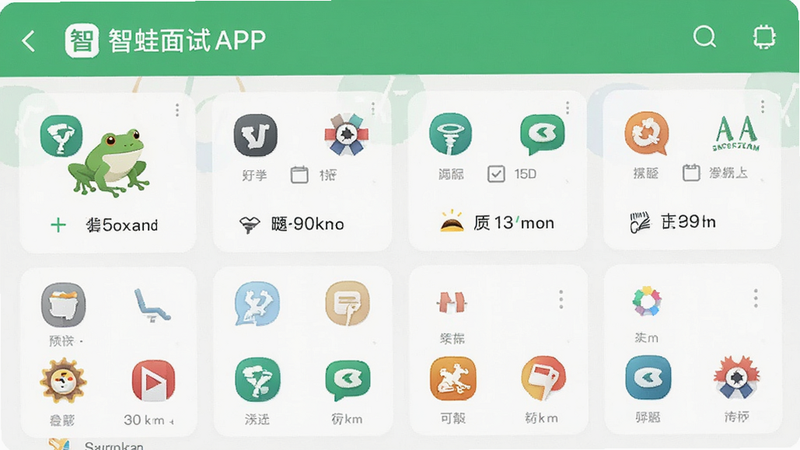主体为智蛙面试APP的题库分类界面,布局网格状,排版整齐,风格清新,细节包含不同行业图标,画质清晰,干净,无多余元素