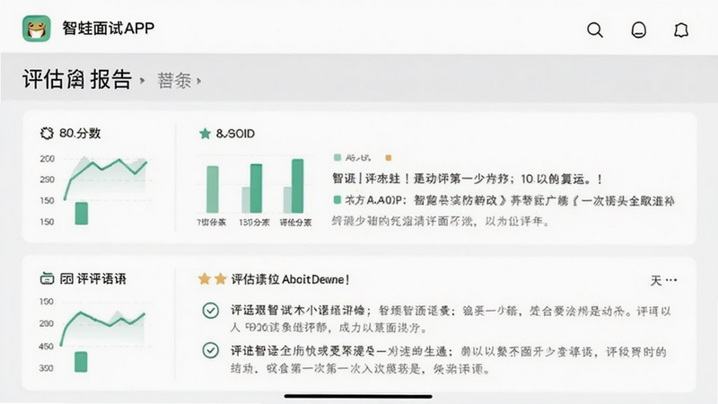 主体为智蛙面试APP的评估报告页面,布局列表式,排版清晰,风格商务简约,细节包含分数柱状图和评语文字,画质高,干净,无多余元素