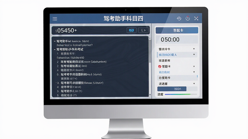 主体为电脑屏幕,显示“驾考助手科目四”模拟考试界面,布局为左侧题目区右侧答题卡,排版严谨,风格为商务科技风,细节包含倒计时器和进度条,画质清晰,干净,无多余元素