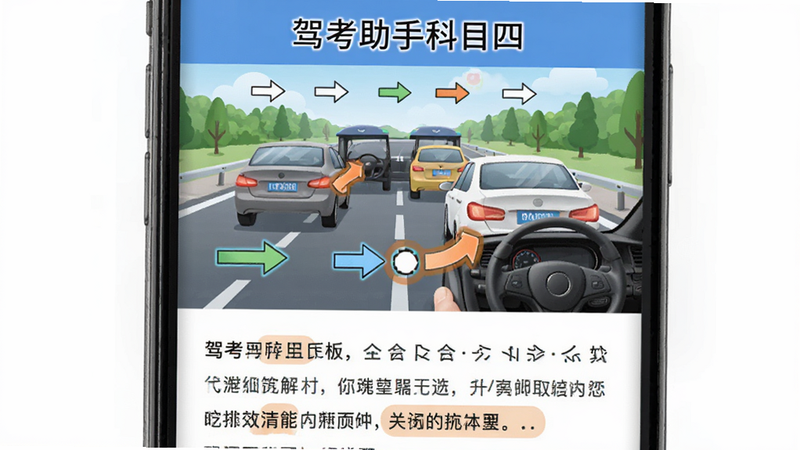主体为手机界面,显示“驾考助手科目四”交规图解模块,布局为上下结构,上部为交通场景图,下部为解析文字,风格为教育插画风,细节包含箭头指引和关键部位高亮,画质细腻,干净,无多余元素