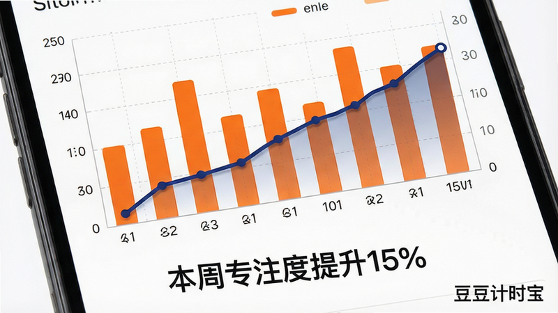 主体为番茄工作法统计图表,手机屏幕显示柱状图和折线图组合,柱状图代表每日完成的番茄数量,颜色为橙色,折线图代表专注时长趋势,颜色为深蓝色。布局上下分层,上方为图表,下方为文字说明“本周专注度提升15%”。风格为数据可视化设计,细节处有坐标轴网格线。画质高清,清晰易读,干净背景,文字“豆豆计时宝”位于右下角。