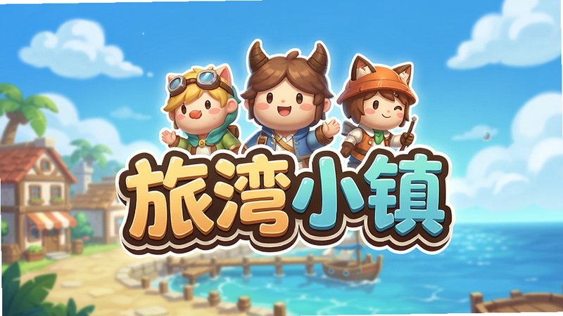 一张高清的游戏宣传图,主体是“旅湾小镇”的Logo和几个可爱的游戏角色,背景是蓝天白云和海边小镇,色彩明亮温馨,排版居中,风格卡通可爱,细节丰富,画质4k,干净无多余元素