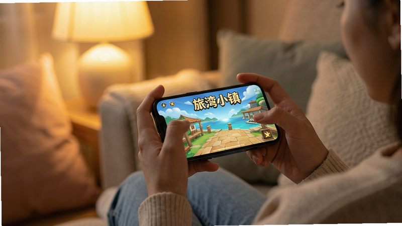 一个玩家坐在沙发上玩手机的特写,手机屏幕显示着“旅湾小镇”的游戏画面,周围环境温馨舒适,有暖黄色的灯光和抱枕,氛围轻松惬意,构图温馨,细节柔和,画质清晰,干净