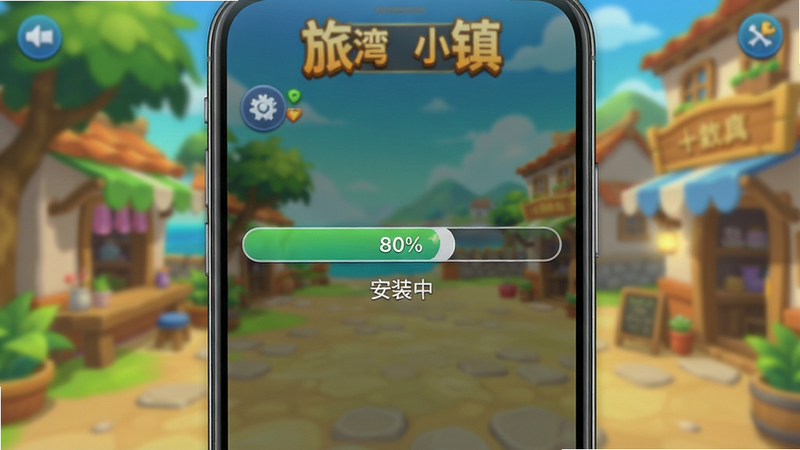 手机屏幕显示安装进度条,背景是模糊的“旅湾小镇”游戏画面,进度条显示80%,下方有“安装中”的文字,界面简洁,色彩明亮,细节清晰,画质高清,干净