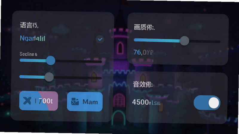 主体为Neon Castle的设置界面,布局简洁,左侧为语言选择,右侧为画质与音效开关,背景为半透明深色蒙版,风格为扁平化UI,细节包含滑块控件和图标按钮,画质清晰,干净,无多余元素