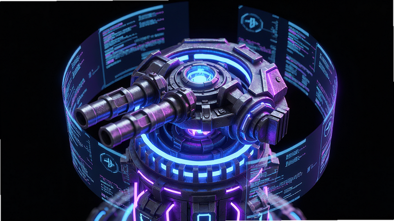 主体是Neon Castle游戏中的防御塔特写,布局居中,塔身发出蓝紫色霓虹光芒,周围环绕着全息投影的数据流,排版对称,风格为科幻写实,细节包含金属质感的炮管和能量核心,画质超清,干净,无多余元素