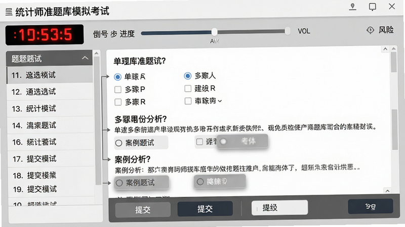 主体:统计师准题库模拟考试界面特写;布局:上方显示倒计时与题号进度条,中部为题目内容区域,包含单选、多选及案例分析题型,下方为选项按钮与提交栏;排版:左侧题号列表可快速跳转,右侧答题区主次分明,字体大小适中便于阅读;风格:严肃专业的考试氛围,灰白底色搭配深色文字,强调专注感;细节:倒计时红色高亮警示,选项按钮悬停效果明显,无广告干扰,界面纯净;画质:高清UI截图风格,光影自然,文字无模糊,背景简洁
