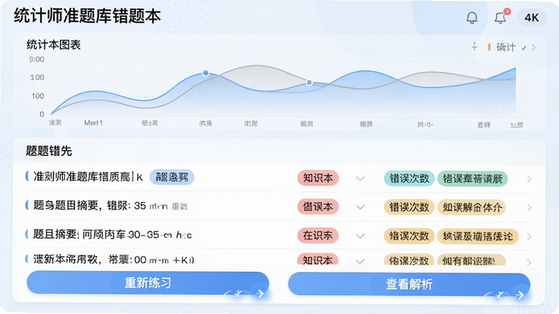 主体:统计师准题库错题本功能界面;布局:顶部为错题统计图表,中部为错题列表,每条目显示题目摘要、错误次数及知识点标签,底部为“重新练习”与“查看解析”按钮;排版:列表项间距舒适,标签色彩区分不同科目或章节,视觉层次清晰;风格:数据可视化风格,色彩柔和,蓝色系为主,体现智能与逻辑;细节:图表线条平滑,标签圆角设计,按钮交互反馈明显,无冗余信息;画质:4k清晰度,界面明亮,无噪点,专业软件UI质感