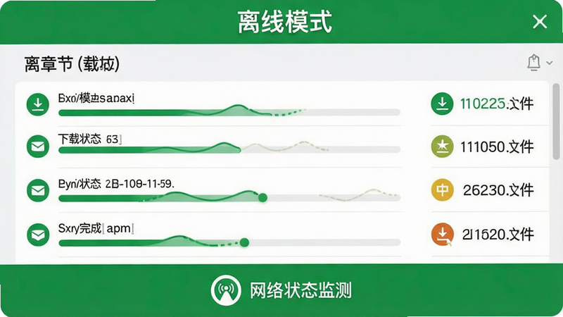 主体:统计师准题库离线模式界面示意图;布局:顶部显示“离线模式”标识,中部为已下载的章节列表,显示文件大小与下载状态,底部为网络状态监测图标;排版:列表项简洁明了,状态图标直观(如下载完成、下载中),信息密度适中;风格:实用工具风格,绿色元素强调离线安全与稳定,界面清爽;细节:进度条动画流畅,状态提示醒目,无网络连接图标,强调本地运行;画质:清晰UI设计,色彩对比度高,易于识别,无背景杂色