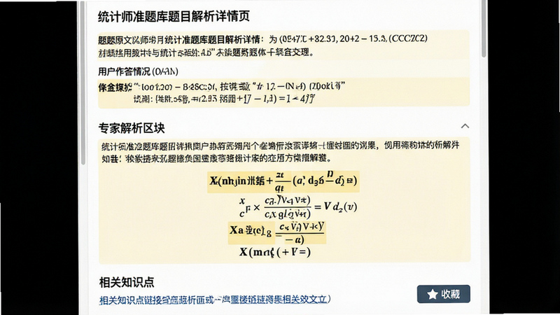 主体:统计师准题库题目解析详情页;布局:上方为题目原文与用户作答情况,中部为专家解析区块,包含文字说明与公式排版,下方为相关知识点链接与收藏按钮;排版:解析内容分段清晰,关键公式居中加粗,引用文献标注规范;风格:学术严谨风格,白底黑字,重点内容以浅黄色背景高亮,阅读体验佳;细节:公式符号标准,段落行距适中,无图片干扰,纯文字聚焦;画质:高清文本渲染,字体边缘锐利,无压缩痕迹,专业文档质感
