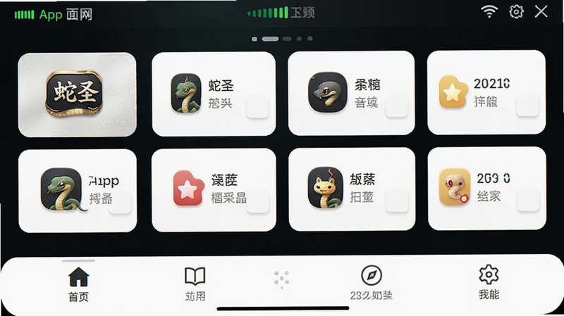 主体为蛇圣App界面截图,布局清晰,顶部显示连接状态,中部为功能模块卡片,底部为导航栏,风格简约现代,细节包含图标质感,画质高清,干净,无多余元素,文字显示“蛇圣”