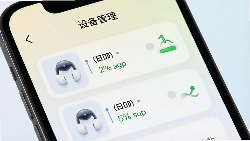 手机屏幕展示蛇圣App设备列表界面,清晰显示耳机图标、电量百分比及连接状态,背景为浅色渐变,主体突出,布局整齐,风格科技感,细节丰富,画质清晰,干净,无杂乱元素,文字标注“设备管理”