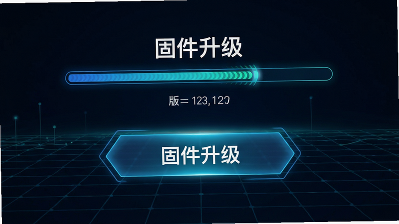 蛇圣App固件升级界面,显示进度条和版本号,背景为科技感网格,主体为升级按钮,布局简洁,风格未来感,细节包含进度动画效果,画质清晰,干净,无多余元素,文字显示“固件升级”