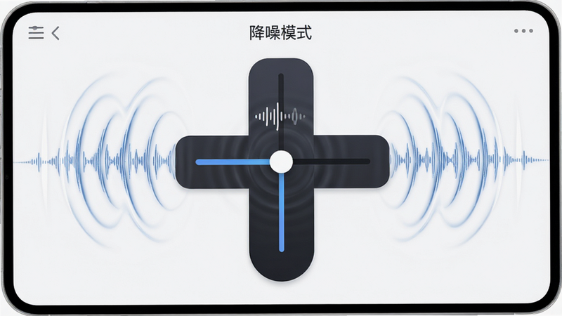 蛇圣App降噪控制界面,中央显示降噪等级滑块,周围环绕声波波纹特效,主体为控制条,布局对称,风格现代简约,细节包含波纹动态效果,画质细腻,干净,无杂乱背景,文字标注“降噪模式”