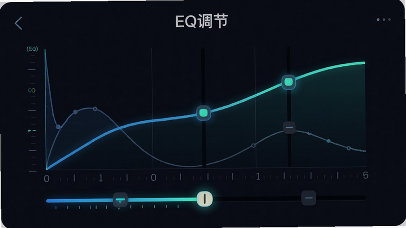 蛇圣App音效调节界面,展示EQ曲线编辑滑块,背景深邃,滑块发光,主体为曲线图形,布局居中,风格极简科技,细节包含刻度标记,画质高清,干净,无多余装饰,文字显示“EQ调节”