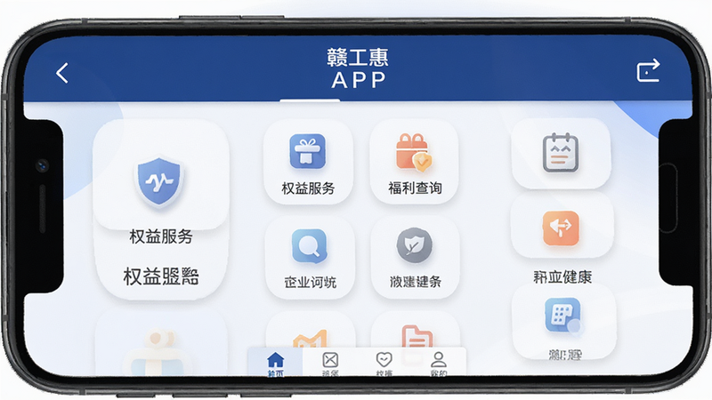 ����Ϊ�ӹ���APP�ֻ�����չʾ�����ֲ����ִ���ƽ����ƣ�����Ϊ����ɫ���������м�ͻ����ʾ��Ȩ����񡱡���������ѯ���Ⱥ��Ĺ���ͼ�꣬�ײ�Ϊ��ǩ�����������רҵ��ϸ�ڰ���������ͼ����Ӱ����͵ı������䣬���ʸ��壬�ɾ����޶���Ԫ��