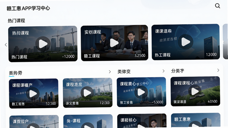 ����Ϊ�ӹ���APPѧϰ����ҳ�棬�����Ϸ�Ϊ���ſγ��ֲ�ͼ���·�Ϊ���������б����Ű���ո�Ч�����Ƽ���ǿ��ϸ�ڰ����γ̷���Ĳ��Ű�ť��ʱ����ע�����ʸ߱��棬�ɾ����޶���Ԫ��