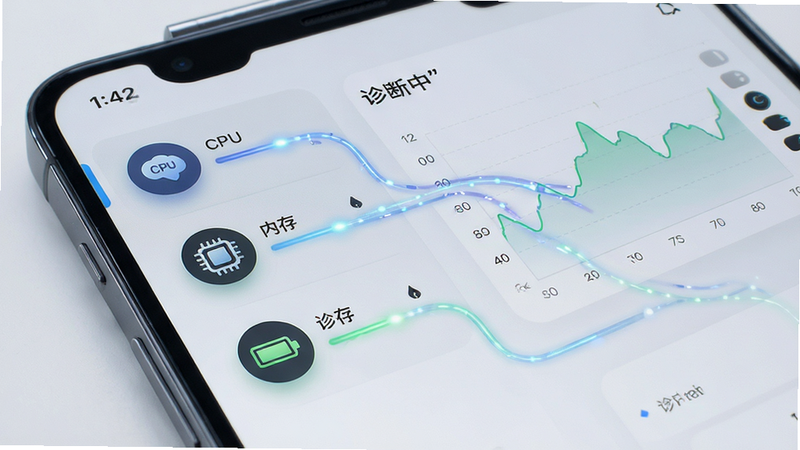 主体为手机屏幕界面,显示详细的硬件诊断图表,包含CPU、内存、电池图标,布局为左侧列表右侧图表,风格为极简科技感,细节展示数据流动光效,画质清晰,干净,文字“诊断中”需加引号