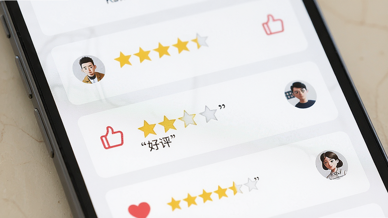 主体为手机界面,显示用户评价列表,包含五星评分图标,布局为卡片式,风格为清新简约,细节包含点赞图标与头像,画质高清,干净,文字“好评”需加引号