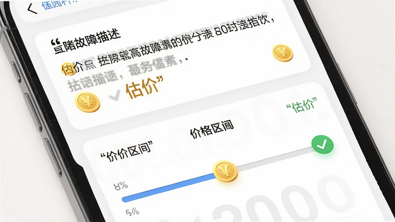 主体为手机界面,展示价格对比表格,背景为柔和的白色,布局为上下结构,上方为故障描述,下方为价格区间滑块,风格为现代商务风,细节包含金币图标与对勾标记,画质细腻,干净,文字“估价”需加引号