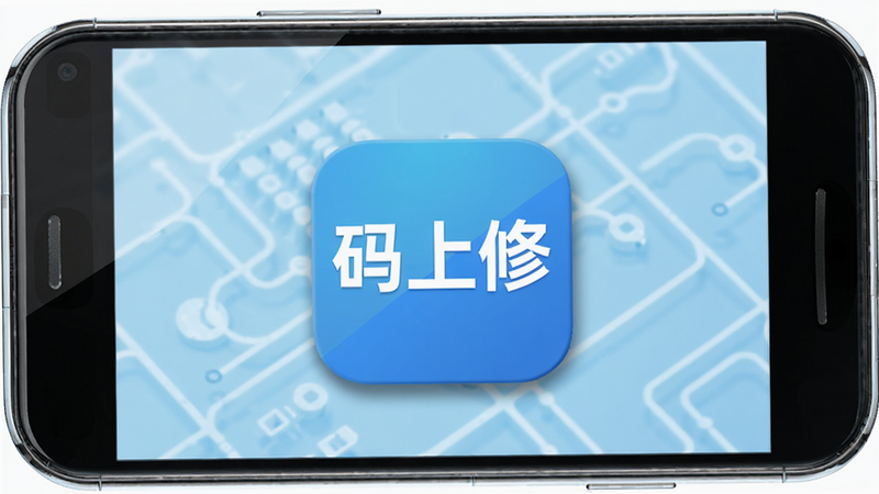 主体为一部现代安卓智能手机,屏幕中央清晰显示“码上修”应用图标,背景为浅蓝色科技网格布局,排版简洁居中,风格为扁平化商业插画,细节包含手机边框高光与图标阴影,画质高清,干净无多余元素,文字“码上修”需清晰可见