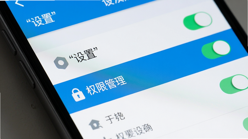 主体为手机屏幕,显示设置界面,高亮显示“权限管理”选项,布局为列表式,风格为扁平化UI设计,细节包含开关按钮与图标,画质清晰,干净,文字“设置”需加引号