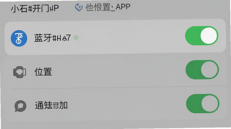 主体为小石开门APP权限设置界面截图,布局高亮显示蓝牙、位置、通知三个开关项,排版简洁明了,风格扁平化,细节包含绿色开启状态指示器,画质清晰,干净无水印