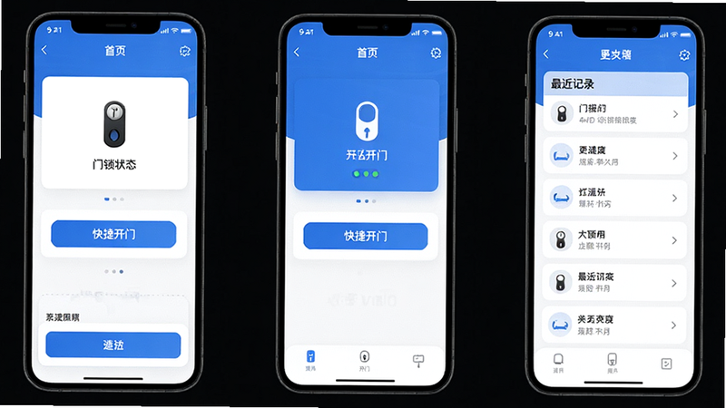 主体为小石开门APP界面概览,布局清晰展示首页门锁状态、快捷开门按钮及最近记录列表,排版扁平化设计,风格现代简约,细节包含蓝色主色调与白色卡片背景,画质高清,干净无多余元素