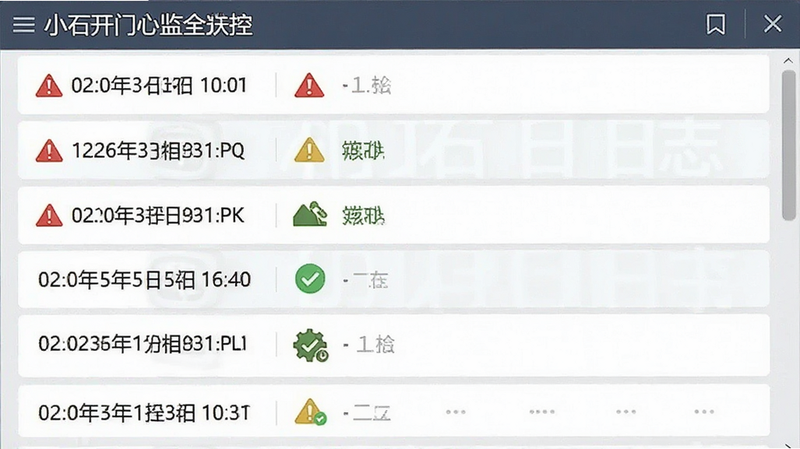 主体展示小石开门安全监控日志界面,布局为垂直滚动列表,每行显示时间戳与状态图标,排版整齐划一,风格严谨专业,细节包含红色警告标识与绿色成功标识,画质锐利,干净
