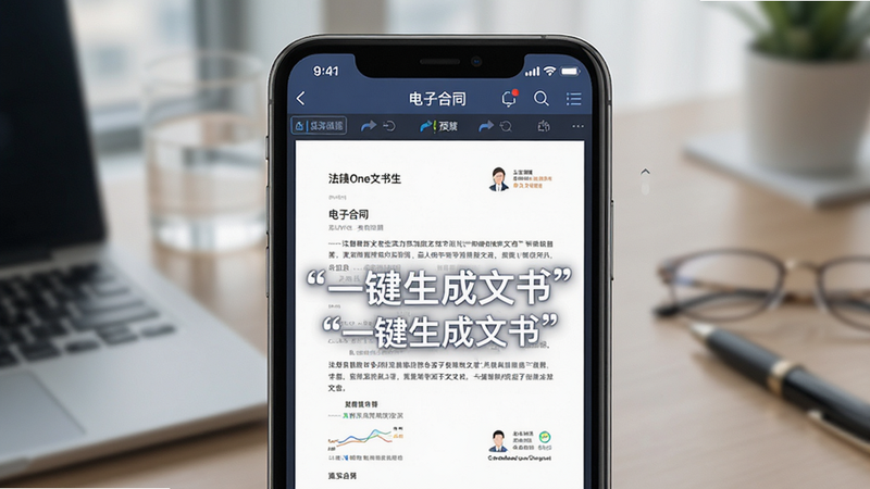 LawOne文书生成功能预览,主体为手机界面,展示一份电子合同文档,布局清晰,排版专业,风格商务办公风,细节显示文档编辑状态,画质细腻,无多余干扰,文字加引号显示“一键生成文书”