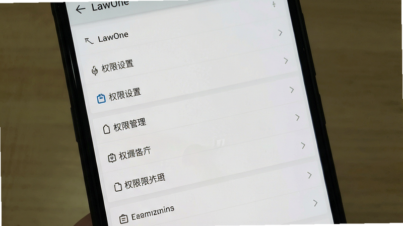LawOne安卓版设置界面展示,主体为手机设置页面,布局列表式,风格简洁,细节显示权限管理选项,画质清晰,无多余元素,文字加引号显示“权限设置”