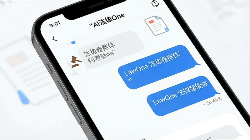 一张展示LawOne应用界面的高清截图,主体为手机屏幕,显示AI法律问答界面,布局清晰,排版整洁,风格现代简约,细节包含对话框和法律文书图标,画质干净,无多余元素,文字加引号显示“LawOne 法律智能体”