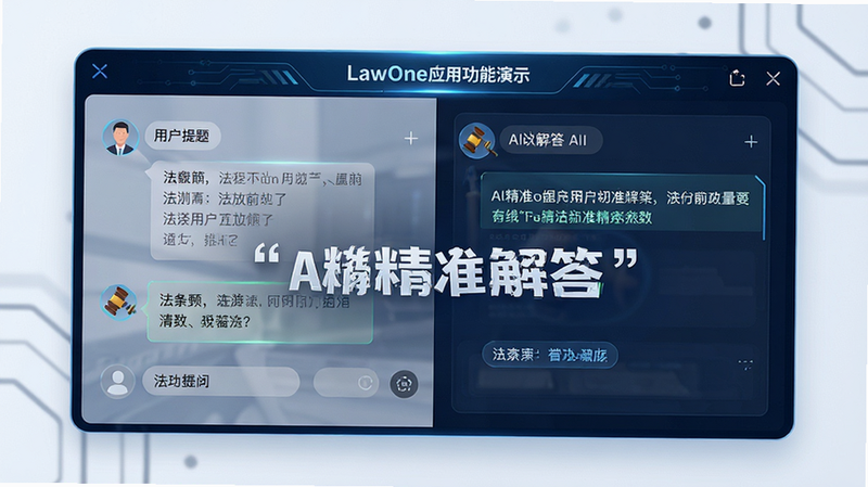 LawOne应用功能演示图,主体为AI对话窗口,布局左右分栏,左侧为用户提问,右侧为AI回答,风格科技感,细节展示法条引用高亮,画质高清,干净无杂乱元素,文字加引号显示“AI精准解答”