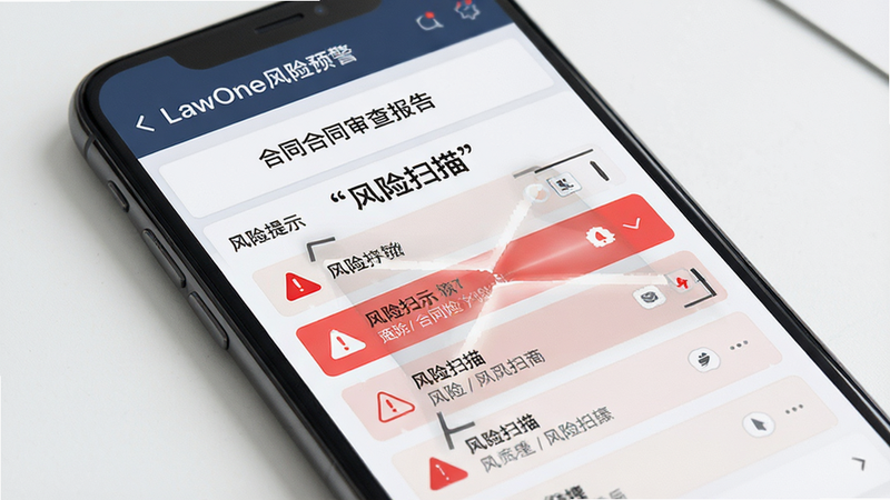 LawOne风险预警界面展示,主体为手机屏幕,显示合同审查报告,布局包含风险提示列表,风格严谨专业,细节显示红色警告标识,画质清晰,干净无噪点,文字加引号显示“风险扫描”