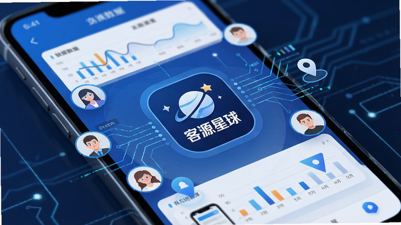 主体为手机应用界面展示,布局清晰,中央显示“客源星球”Logo,周围环绕数据流与客户头像图标,排版现代简约,科技蓝与白色为主色调,细节包含数据图表与定位标记,画质高清,干净,无多余元素