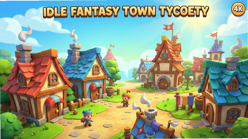 Idle Fantasy Town Tycoon game main interface, vibrant fantasy town with colorful buildings, cute cartoon style, bright lighting, clean background, high resolution, no text, 4k quality